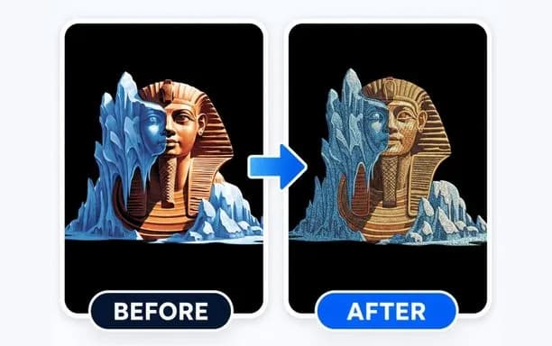 Before and after embroidery digitizing example showing a 3D Pharaoh artwork converted into a high-density embroidery stitch pattern.