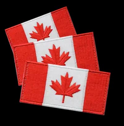 A set of three pristine Canadian flag embroidered patches featuring clean satin stitching on the red maple leaf, optimized for Canadian apparel brands.