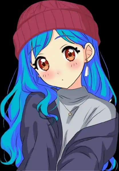 A high-quality vector illustration of an anime girl with blue hair and a red beanie, showcasing smooth gradients and clean lines for boutique apparel brands.