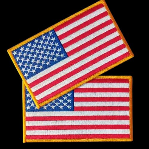 Two rectangular United States flag embroidered patches with gold borders, showcasing high-quality tactical and uniform digitizing for the American market.