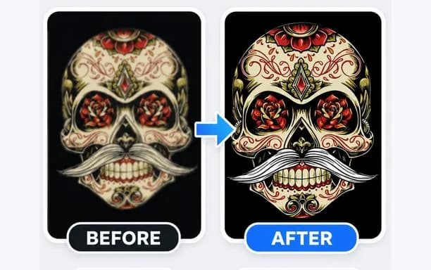 High-quality raster to vector conversion example showing a detailed sugar skull illustration transformed into clean vector lines.