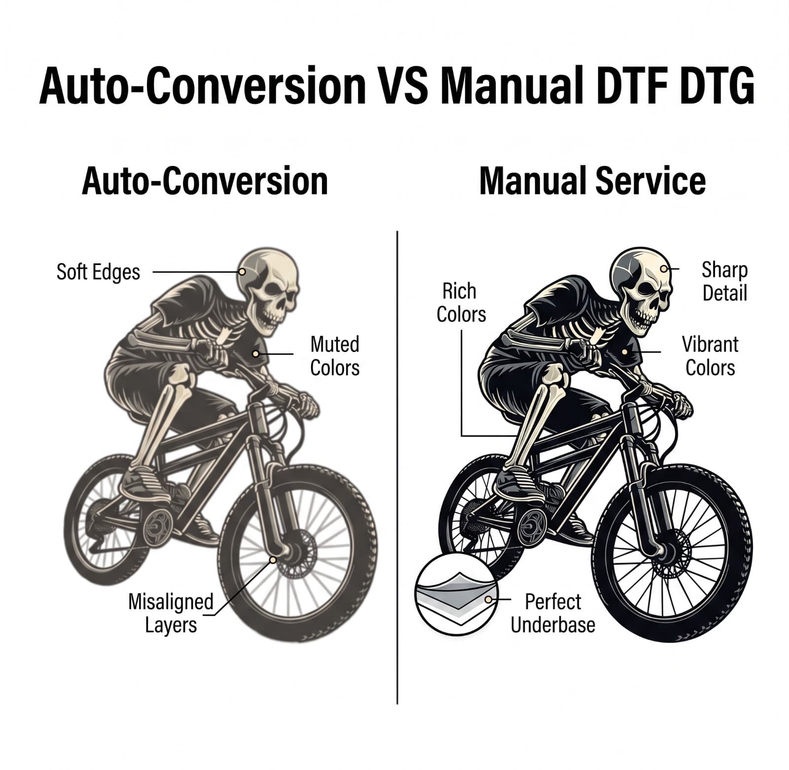 Manually rebuilt DTF DTG vector art with CMYK gamut correction, separated white underbase layer, and RIP-ready transparency channels