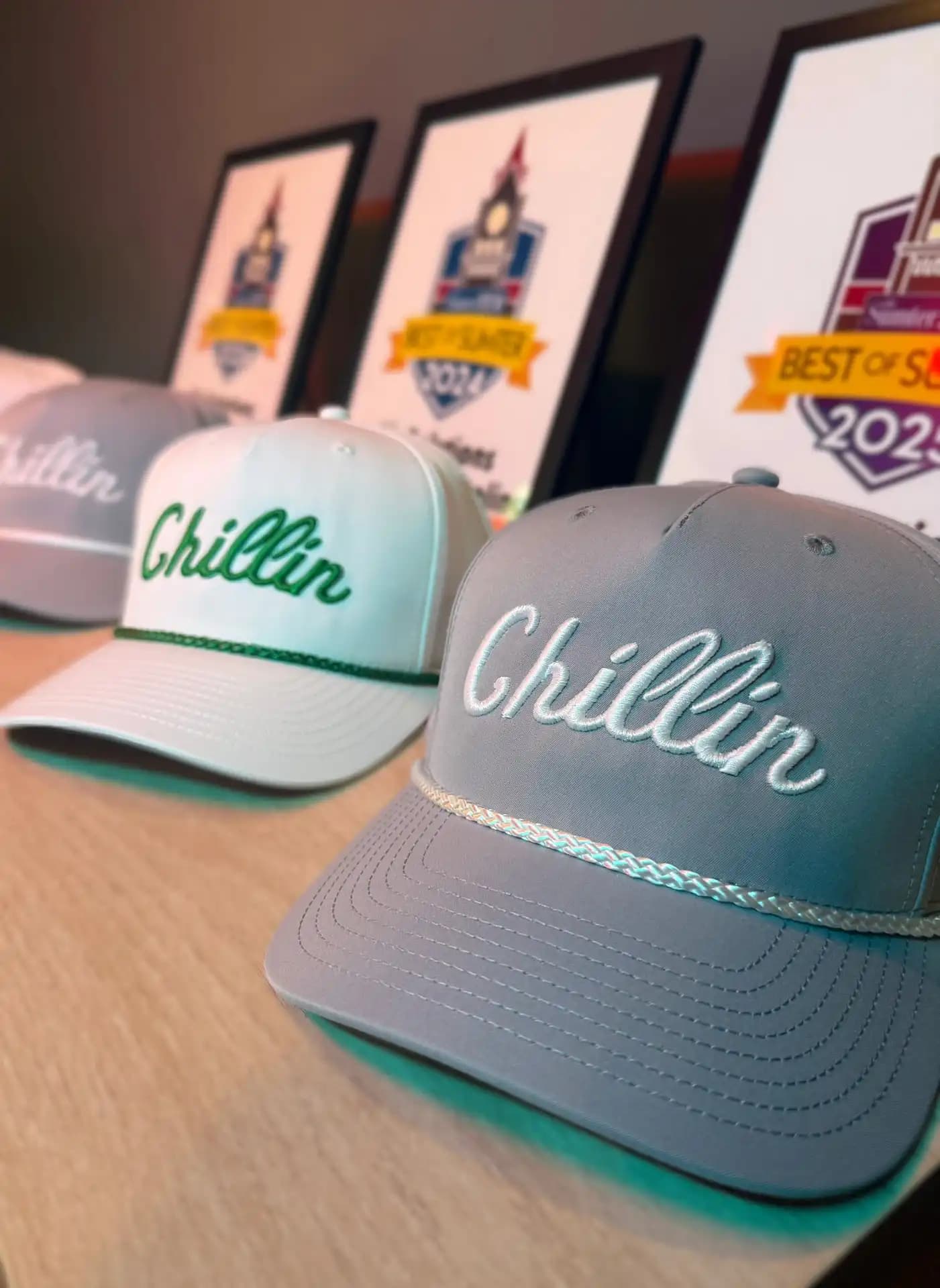 Chillin' 3D puff script logo on a custom rope hat, showcasing 100% manual digitizing for a premium raised-thread lifestyle aesthetic.