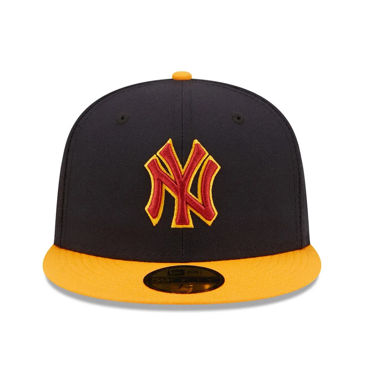 Custom NY style logo in red 3D puff with yellow outline, featuring 100% manual digitizing for a clean finish on navy and gold New Era style caps.