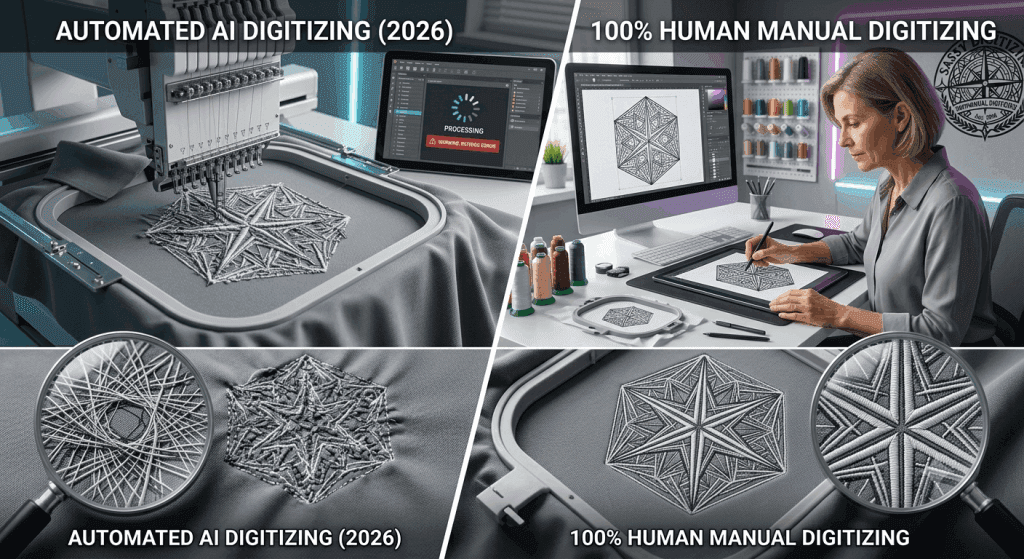 AI vs Manual Embroidery Digitizing: Why Automated Software Fails.